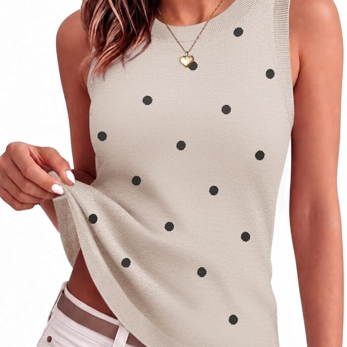 Tank Top for Women 2026 Loose Fit Casual Knit Fall Sweaters | Cute Crew Neck Tank Tops,Women Sleeveless Ribbed Blouse,Early Fall Fashion,Autumn Clothing,Business Casual Outfits Polka Dot-khaki