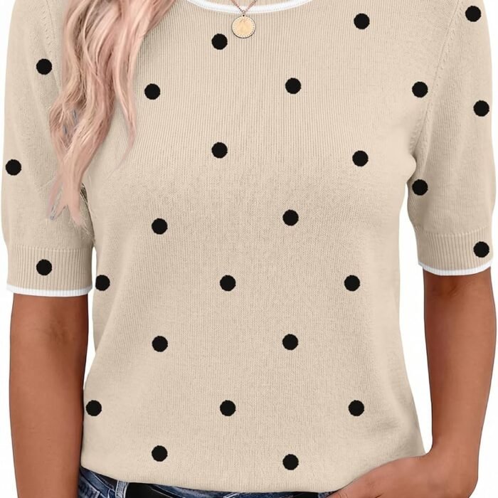 Women Short Sleeve Sweater Summer Crew Neck Dressy Casual Tops | Womens Summer Tops Crew Neck Lightweight Pullover Sweaters Loose Dressy Casual Blouse Basic Clothes Fashion Trendy Polka Pots Khaki 442