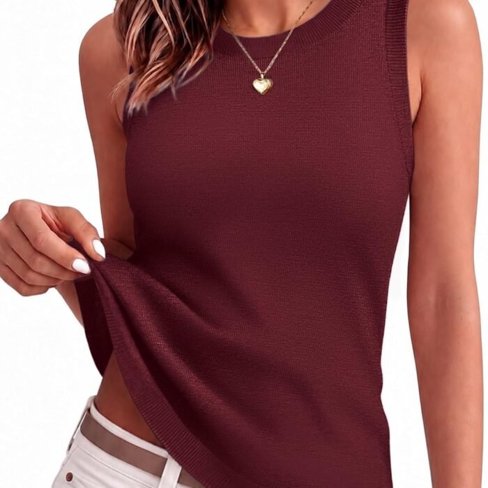 Tank Top for Women 2026 Loose Fit Casual Knit Fall Sweaters | Cute Crew Neck Tank Tops,Women Sleeveless Ribbed Blouse,Early Fall Fashion,Autumn Clothing,Business Casual Outfits Wine Red