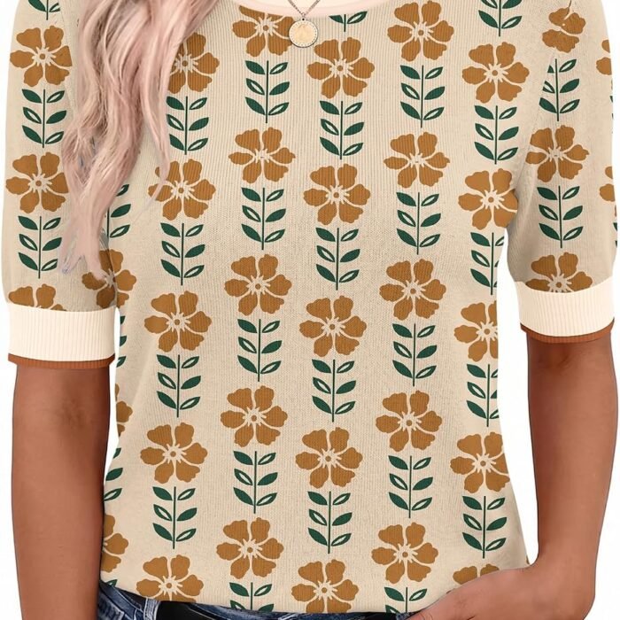 Women Short Sleeve Sweater Summer Crew Neck Dressy Casual Tops | Womens Summer Tops Crew Neck Lightweight Pullover Sweaters Loose Dressy Casual Blouse Basic Clothes Fashion Trendy Floral Khaki-orange