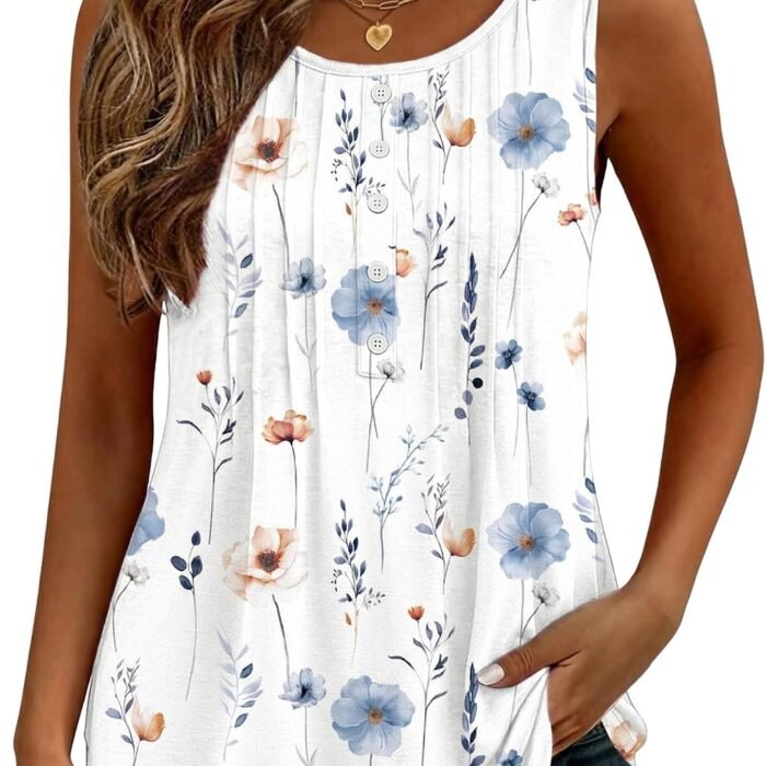 Womens Tank Tops 2026 Summer Loose Fit Crew Neck Boho Tunic Pleated Babydoll Sleeveless Shirts with Button Detail Bf290