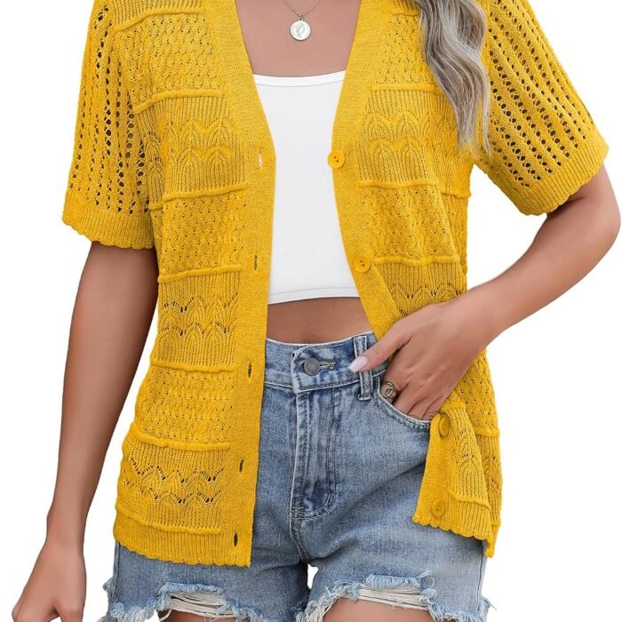 Women's 2026 Summer Short Sleeve Crochet Cardigan V Neck Cropped Lightweight Button up Bolero Shrug Sweater Yellow