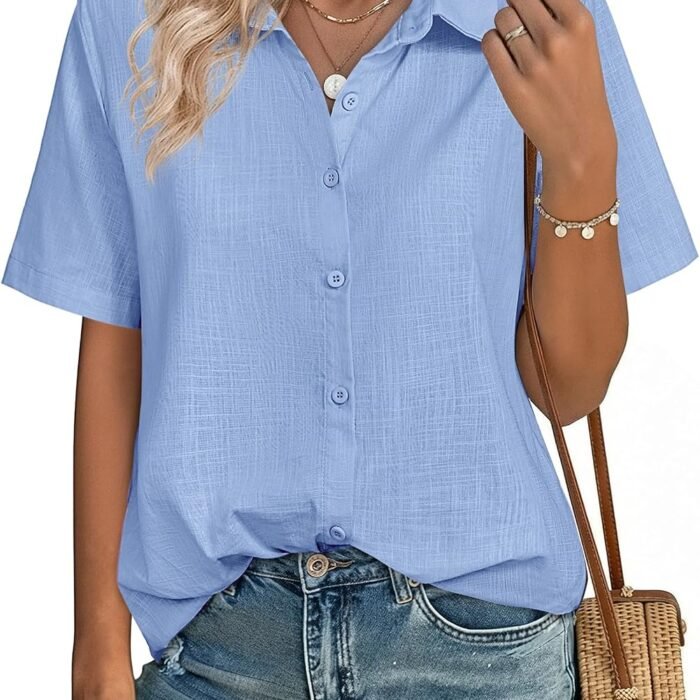 Women Button Down Shirt Cotton Linen Blend Short Sleeve V Neck Blouse Dressy Casual Summer Tops Beach Vacation Outfits Blue