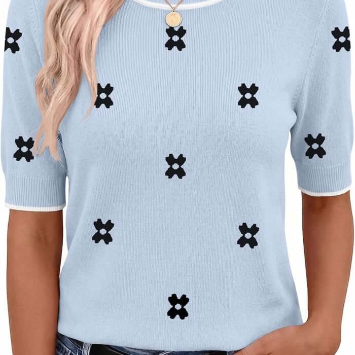 Women Short Sleeve Sweater Summer Crew Neck Dressy Casual Tops | Womens Summer Tops Crew Neck Lightweight Pullover Sweaters Loose Dressy Casual Blouse Basic Clothes Fashion Trendy Floral Jh528 Blue-white