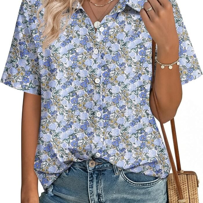Women Button Down Shirt Cotton Linen Blend Short Sleeve V Neck Blouse Dressy Casual Summer Tops Beach Vacation Outfits Blue Ditsy