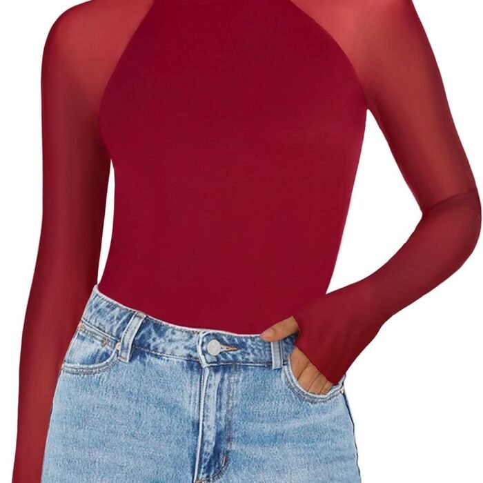 Long Sleeve Shirts for Women Sheer Mesh Top Mock Neck Fitted Blouses | Double-lined undershirts, see-through trendy fall clothes for going out, party, club wear Red