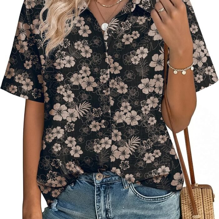 Women Button Down Shirt Cotton Linen Blend Short Sleeve V Neck Blouse Dressy Casual Summer Tops Beach Vacation Outfits Deep Brown Blossom