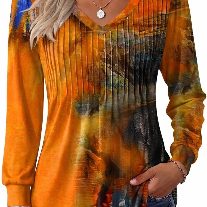 Long Sleeve Shirts for Women Casual V Neck Top Pleated Floral Boho Blouses 2026 Fall Tunics Cx272