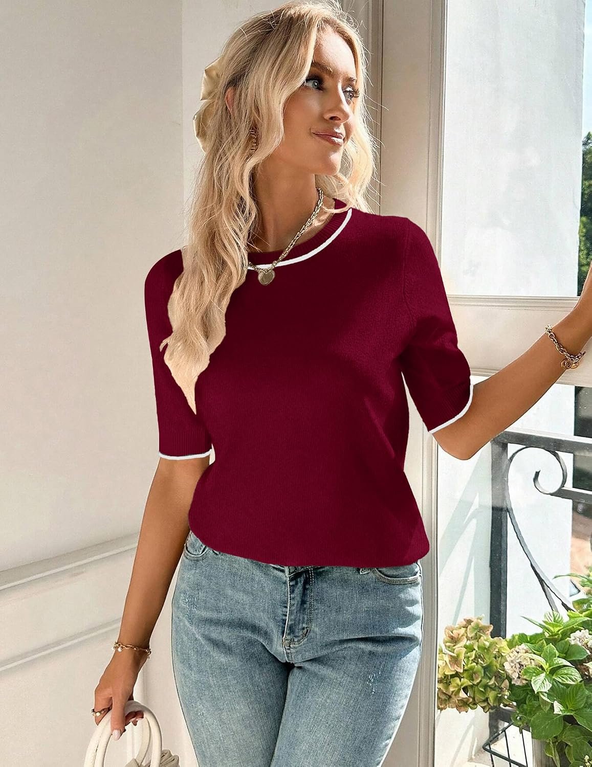 Women Short Sleeve Sweater Summer Crew Neck Dressy Casual Tops | Womens Summer Tops Crew Neck Lightweight Pullover Sweaters Loose Dressy Casual Blouse Basic Clothes Fashion Trendy Dark Red - Image 3