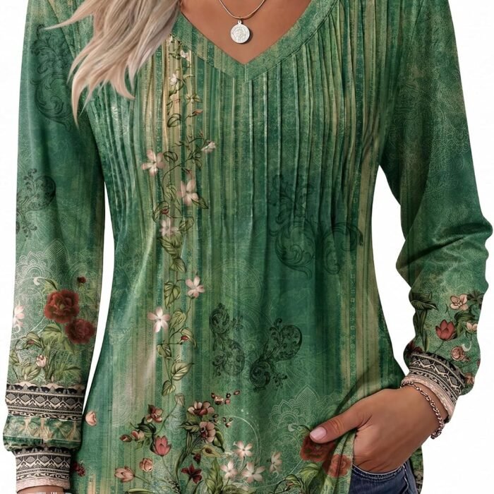 Long Sleeve Shirts for Women Casual V Neck Top Pleated Floral Boho Blouses 2026 Fall Tunics Mz808
