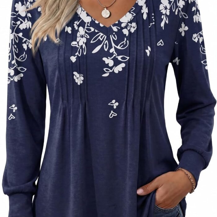 Women's Puff Long Sleeve Shirts Pleated V Neck Fall Tunic Tops Blouse Dressy Casual Summer T-Shirts Sf103
