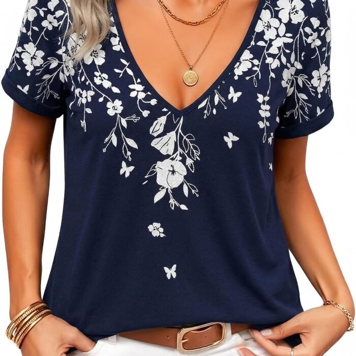 Sexy Tops for Women Deep V Neck Shirts Summer Low Cut Top Short Sleeve Tshirts Trendy Clothes Fashion Clothing Sf103 Boho