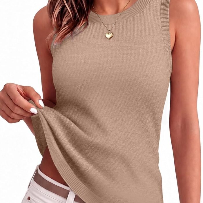 Tank Top for Women 2026 Loose Fit Casual Knit Fall Sweaters | Cute Crew Neck Tank Tops,Women Sleeveless Ribbed Blouse,Early Fall Fashion,Autumn Clothing,Business Casual Outfits Khaki