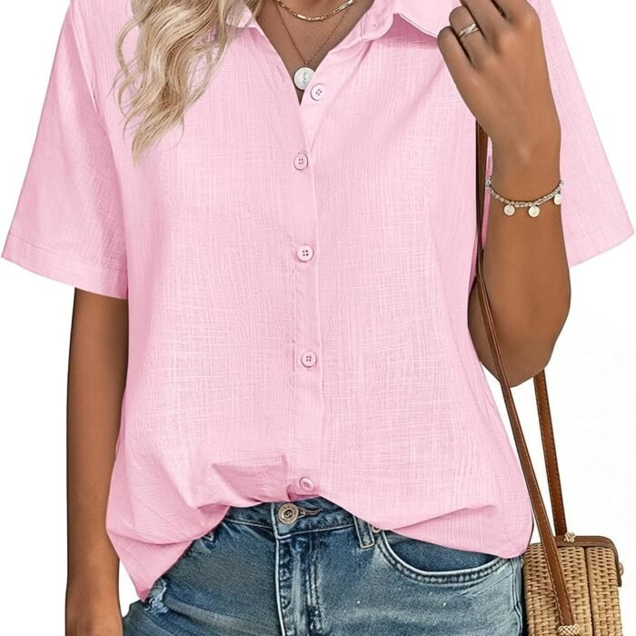 Women Button Down Shirt Cotton Linen Blend Short Sleeve V Neck Blouse Dressy Casual Summer Tops Beach Vacation Outfits A-pink