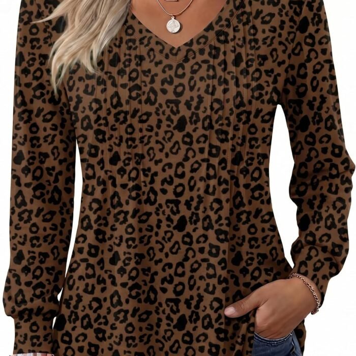 Women's Puff Long Sleeve Shirts Pleated V Neck Fall Tunic Tops Blouse Dressy Casual Summer T-Shirts Leopard 427