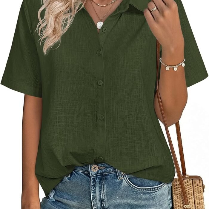 Women Button Down Shirt Cotton Linen Blend Short Sleeve V Neck Blouse Dressy Casual Summer Tops Beach Vacation Outfits A-green