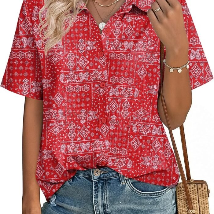 Women Button Down Shirt Cotton Linen Blend Short Sleeve V Neck Blouse Dressy Casual Summer Tops Beach Vacation Outfits Red Paisley