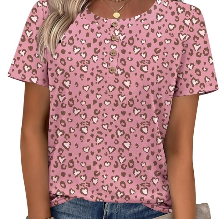 Women Summer Tops Short Sleeve Dressy Casual Henley Tee Shirt Round Neck Floral Blouses Business Work Clothes Pink Leopard-an18