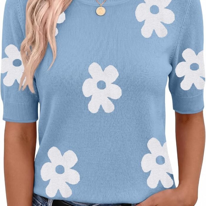 Women Short Sleeve Sweater Summer Crew Neck Dressy Casual Tops | Womens Summer Tops Crew Neck Lightweight Pullover Sweaters Loose Dressy Casual Blouse Basic Clothes Fashion Trendy Floral Blue-white
