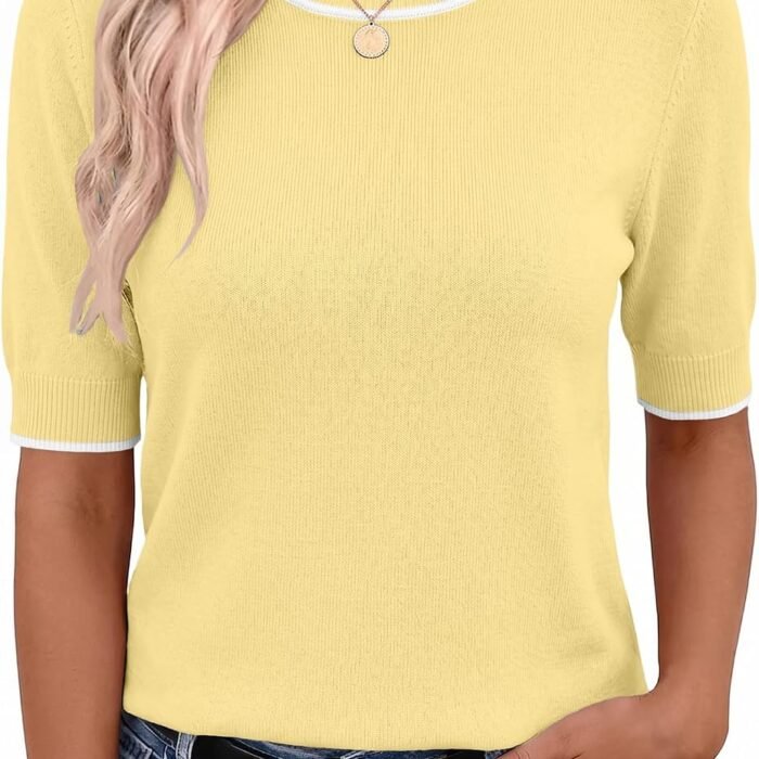 Women Short Sleeve Sweater Summer Crew Neck Dressy Casual Tops | Womens Summer Tops Crew Neck Lightweight Pullover Sweaters Loose Dressy Casual Blouse Basic Clothes Fashion Trendy Yellow