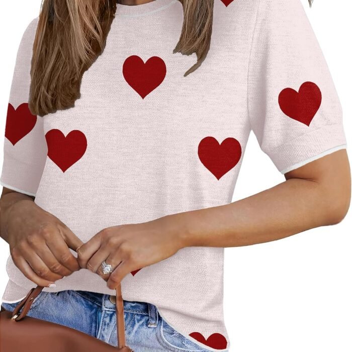 Women Short Sleeve Sweater Summer Crew Neck Dressy Casual Tops | Womens Summer Tops Crew Neck Lightweight Pullover Sweaters Loose Dressy Casual Blouse Basic Clothes Fashion Trendy Heart White-red