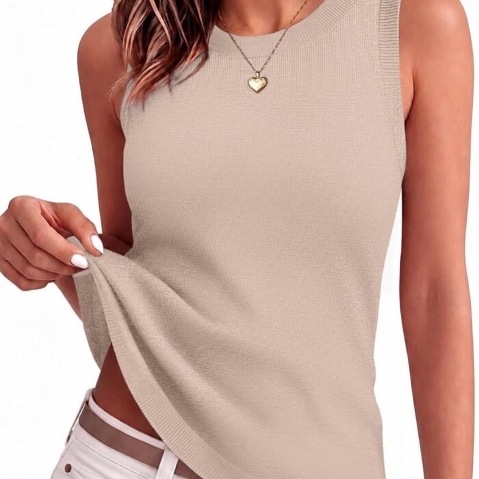 Tank Top for Women 2026 Loose Fit Casual Knit Fall Sweaters | Cute Crew Neck Tank Tops,Women Sleeveless Ribbed Blouse,Early Fall Fashion,Autumn Clothing,Business Casual Outfits Beige