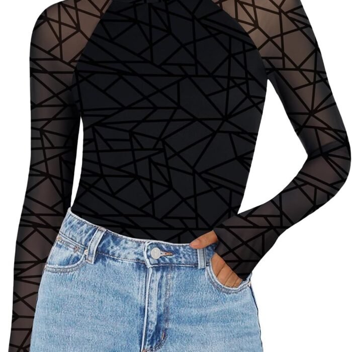 Long Sleeve Shirts for Women Sheer Mesh Top Mock Neck Fitted Blouses | Double-lined undershirts, see-through trendy fall clothes for going out, party, club wear Jh88