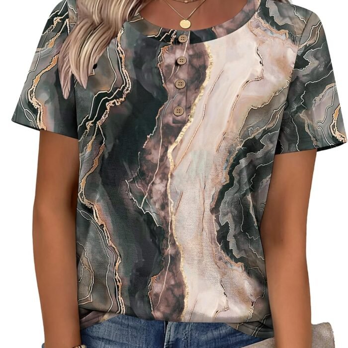 Women Summer Tops Short Sleeve Dressy Casual Henley Tee Shirt Round Neck Floral Blouses Business Work Clothes Multicolor-cx278