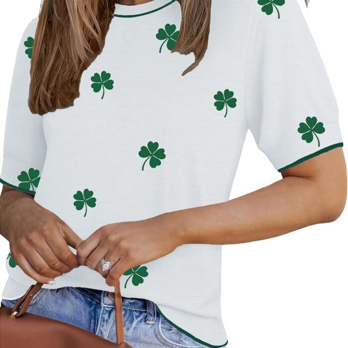 Women Short Sleeve Sweater Summer Crew Neck Dressy Casual Tops | Womens Summer Tops Crew Neck Lightweight Pullover Sweaters Loose Dressy Casual Blouse Basic Clothes Fashion Trendy Floral Sf324 Green-white