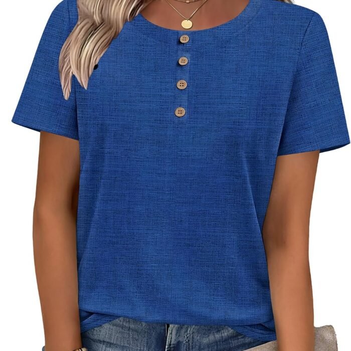 Women Summer Tops Short Sleeve Dressy Casual Henley Tee Shirt Round Neck Floral Blouses Business Work Clothes Navy-cx319