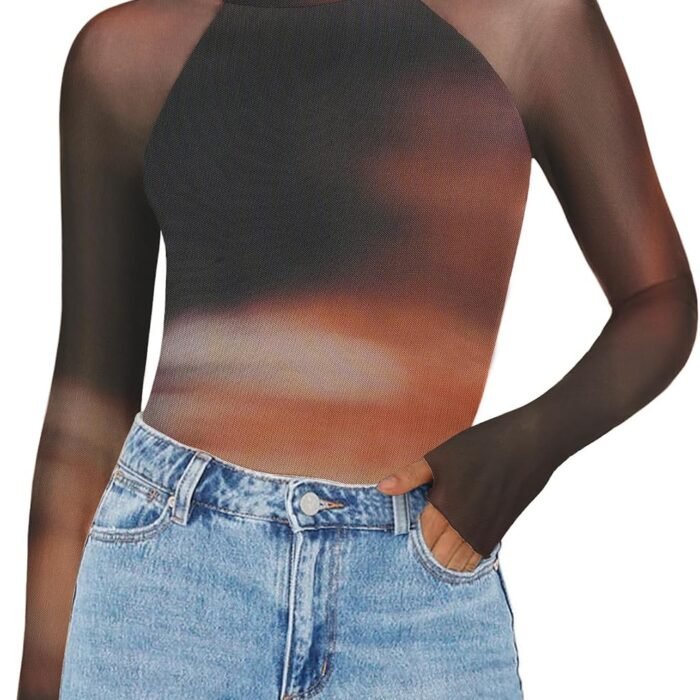 Long Sleeve Shirts for Women Sheer Mesh Top Mock Neck Fitted Blouses | Double-lined undershirts, see-through trendy fall clothes for going out, party, club wear Cx292