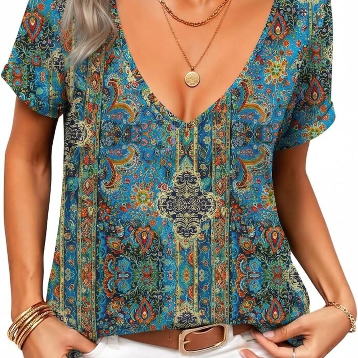 Sexy Tops for Women Deep V Neck Shirts Summer Low Cut Top Short Sleeve Tshirts Trendy Clothes Fashion Clothing Mz779 Boho