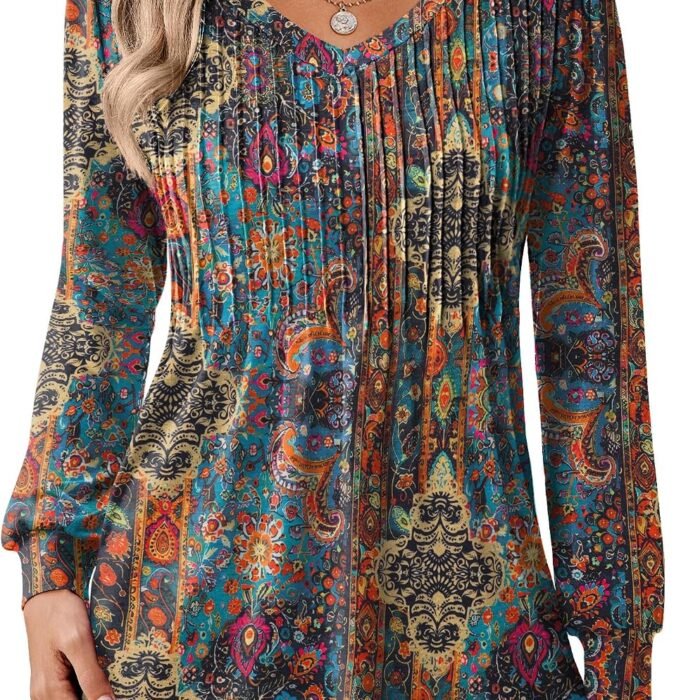 Long Sleeve Shirts for Women Casual V Neck Top Pleated Floral Boho Blouses 2026 Fall Tunics Mz721