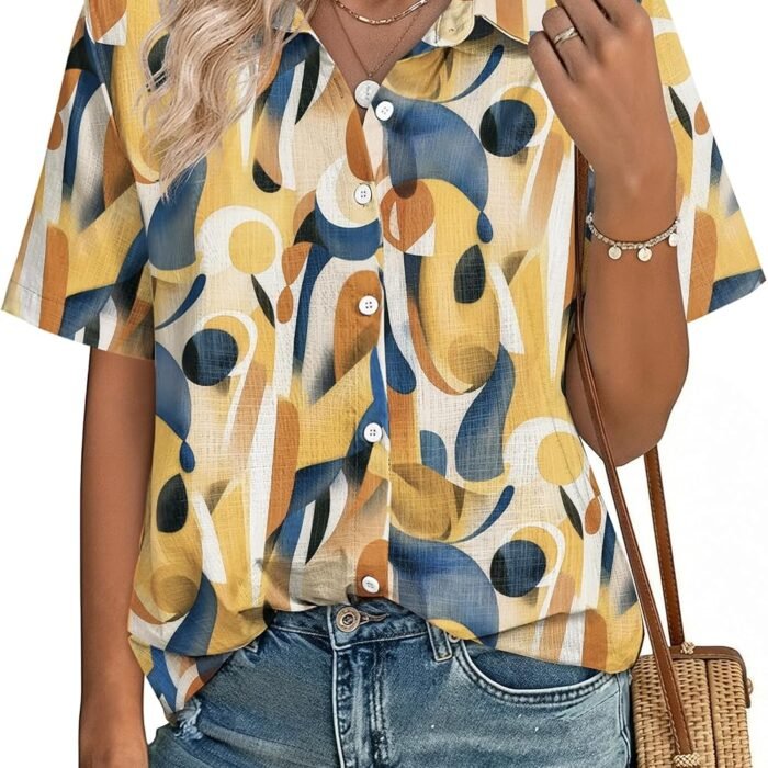 Women Button Down Shirt Cotton Linen Blend Short Sleeve V Neck Blouse Dressy Casual Summer Tops Beach Vacation Outfits Colorful Palette