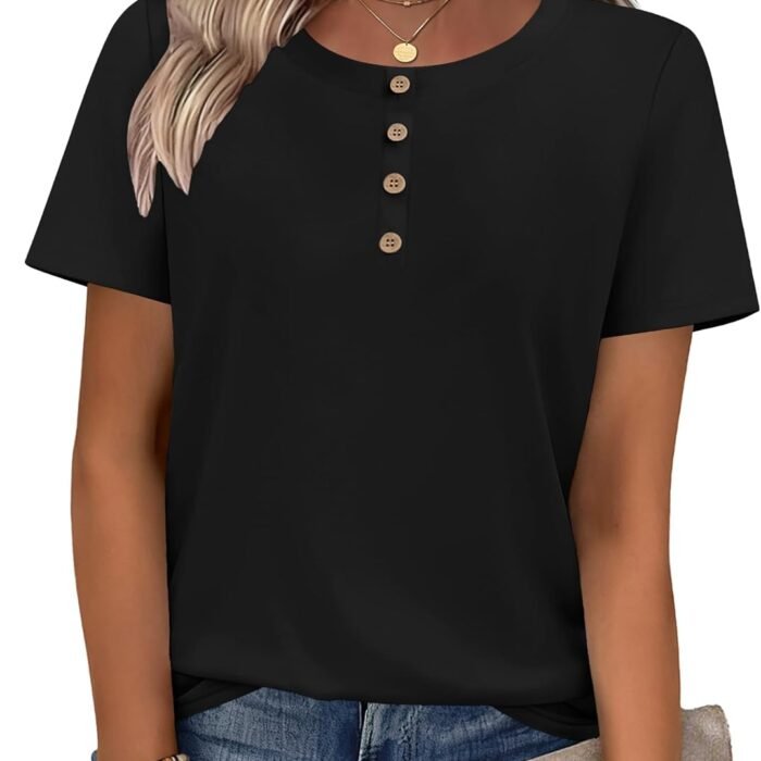Women Summer Tops Short Sleeve Dressy Casual Henley Tee Shirt Round Neck Floral Blouses Business Work Clothes Black