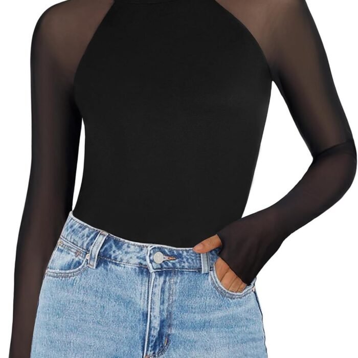 Long Sleeve Shirts for Women Sheer Mesh Top Mock Neck Fitted Blouses | Double-lined undershirts, see-through trendy fall clothes for going out, party, club wear Black