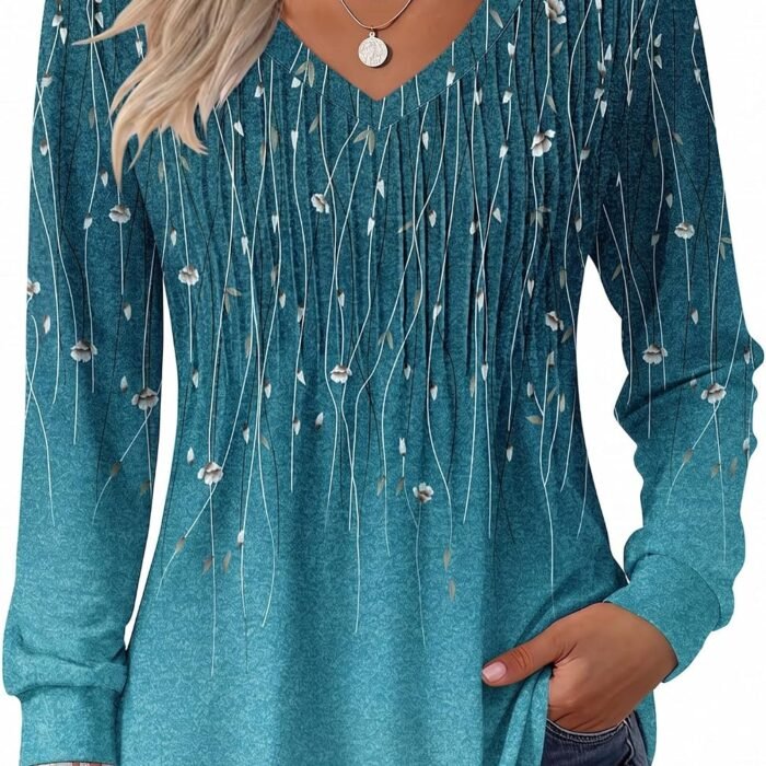 Long Sleeve Shirts for Women Casual V Neck Top Pleated Floral Boho Blouses 2026 Fall Tunics Xh363