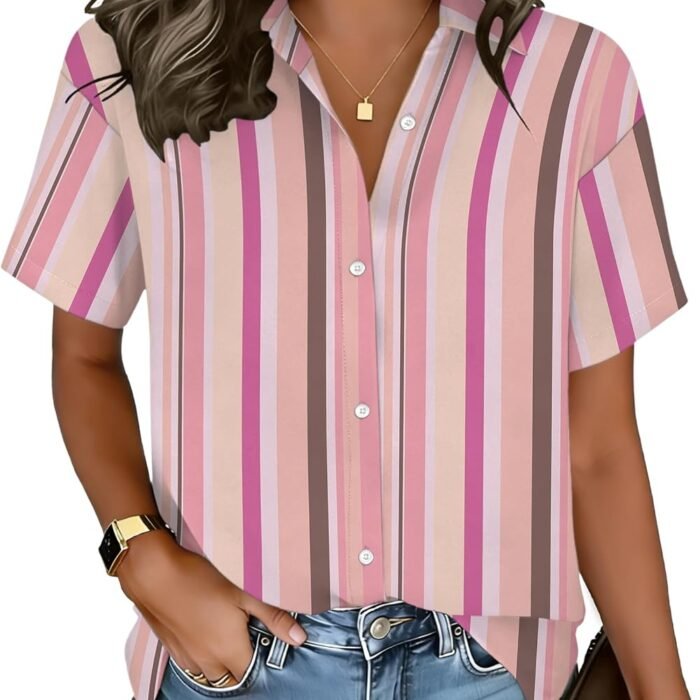 Button Down Shirt for Women Short Sleeve Blouses Loose Casual Collared Blouses Summer Tops Fashion Vacation Outfits Tz269 Pink Striped