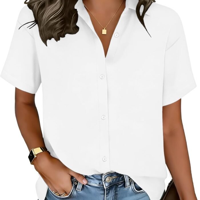 Button Down Shirt for Women Short Sleeve Blouses Loose Casual Collared Blouses Summer Tops Fashion Vacation Outfits A01-white