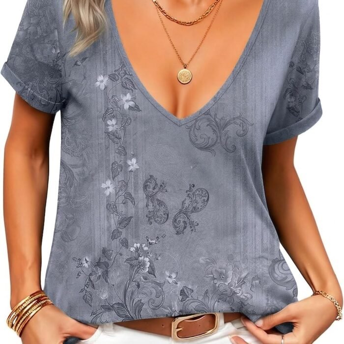 Sexy Tops for Women Deep V Neck Shirts Summer Low Cut Top Short Sleeve Tshirts Trendy Clothes Fashion Clothing Mz913 Grey Boho