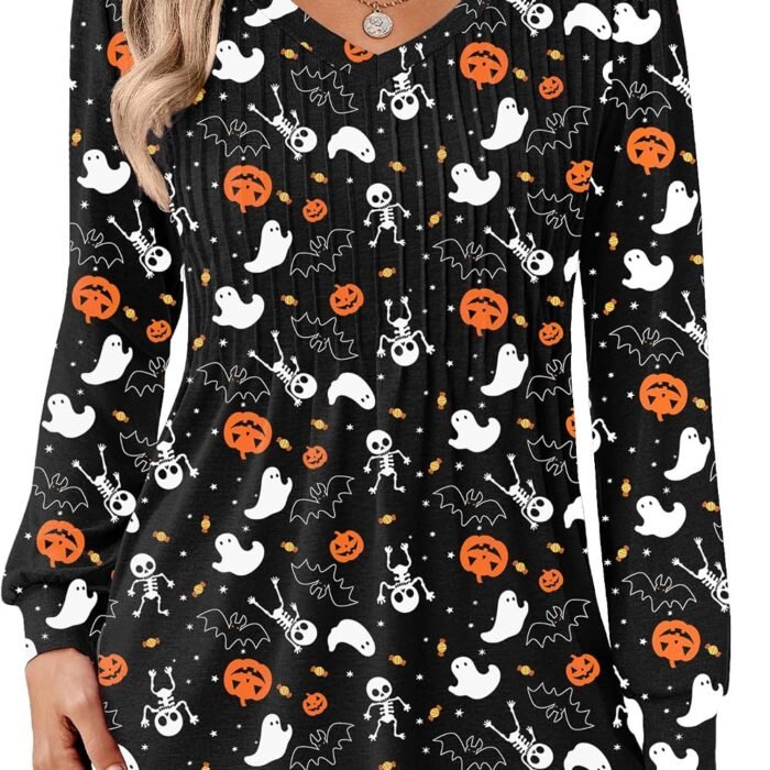 Long Sleeve Shirts for Women Casual V Neck Top Pleated Floral Boho Blouses 2026 Fall Tunics Ws36