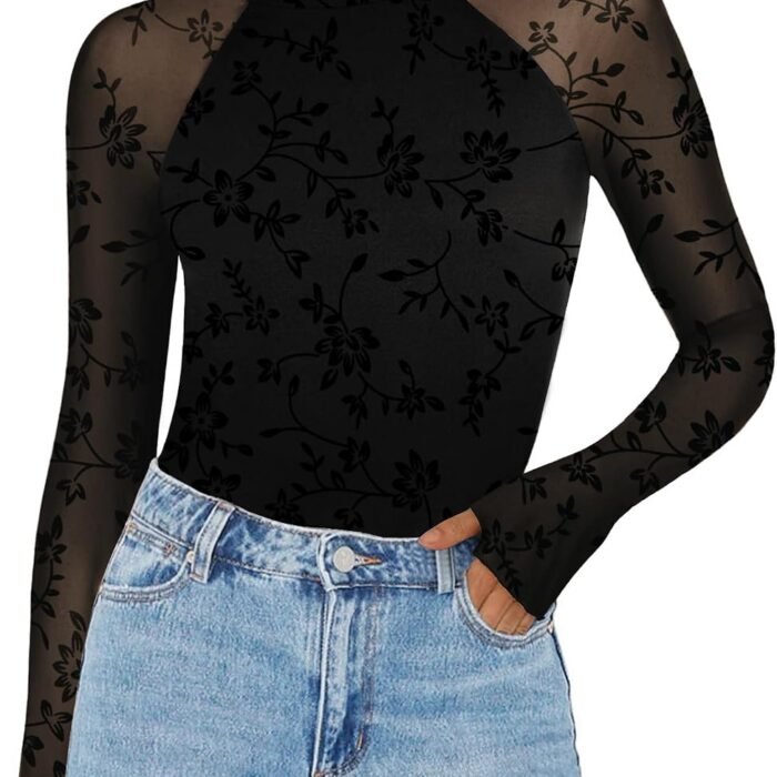Long Sleeve Shirts for Women Sheer Mesh Top Mock Neck Fitted Blouses | Double-lined undershirts, see-through trendy fall clothes for going out, party, club wear Zw781
