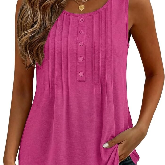 Womens Tank Tops 2026 Summer Loose Fit Crew Neck Boho Tunic Pleated Babydoll Sleeveless Shirts with Button Detail Rose