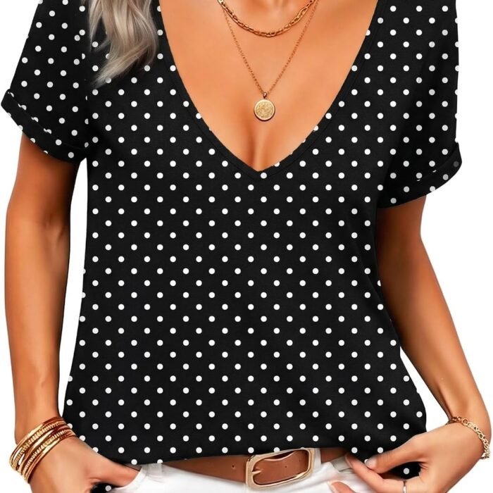 Sexy Tops for Women Deep V Neck Shirts Summer Low Cut Top Short Sleeve Tshirts Trendy Clothes Fashion Clothing Jh49 Polka Dot