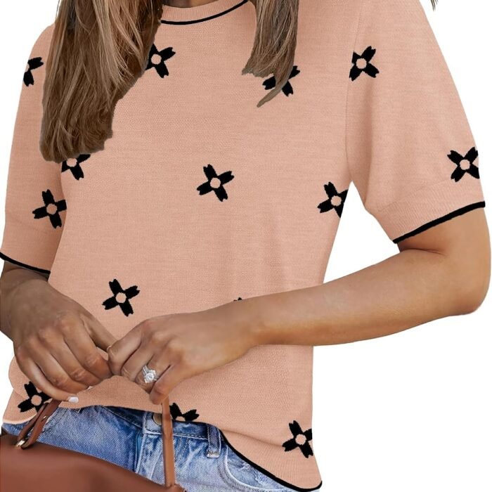 Women Short Sleeve Sweater Summer Crew Neck Dressy Casual Tops | Womens Summer Tops Crew Neck Lightweight Pullover Sweaters Loose Dressy Casual Blouse Basic Clothes Fashion Trendy Floral Jh618 Coral-white