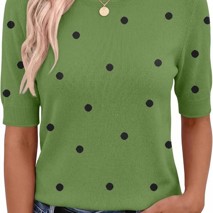 Women Short Sleeve Sweater Summer Crew Neck Dressy Casual Tops | Womens Summer Tops Crew Neck Lightweight Pullover Sweaters Loose Dressy Casual Blouse Basic Clothes Fashion Trendy Polka Pots Green 271