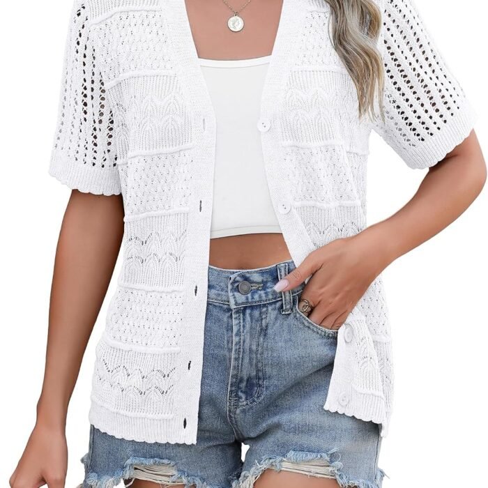 Women's 2026 Summer Short Sleeve Crochet Cardigan V Neck Cropped Lightweight Button up Bolero Shrug Sweater White