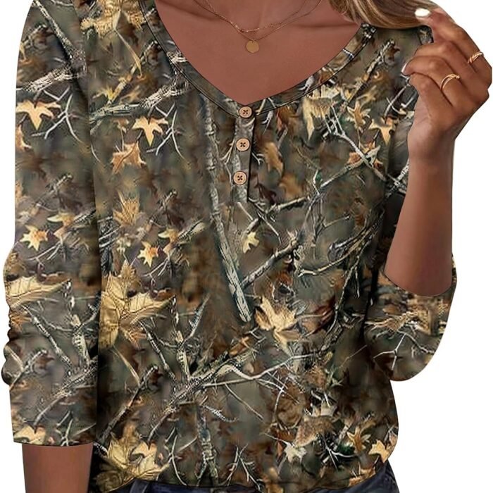 Women Tops Loose Fit Long Sleeve V Neck T Shirts Business Casual Blouses Dressy Fall Fashion Work Clothes Brown Print-cx295