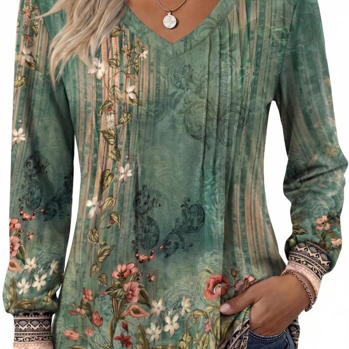Women's Puff Long Sleeve Shirts Pleated V Neck Fall Tunic Tops Blouse Dressy Casual Summer T-Shirts Pa171