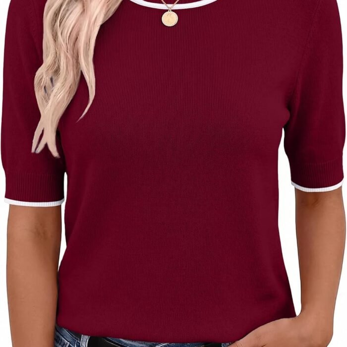 Women Short Sleeve Sweater Summer Crew Neck Dressy Casual Tops | Womens Summer Tops Crew Neck Lightweight Pullover Sweaters Loose Dressy Casual Blouse Basic Clothes Fashion Trendy Dark Red